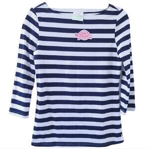 NEW LollyWolly Doodle Stripe Shirt Small Blue White Nautical 3/4 Sleeves Top